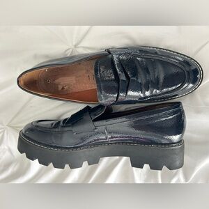 Women Black Patent Leather Chunky Lug Sole Loafers Franco sarto